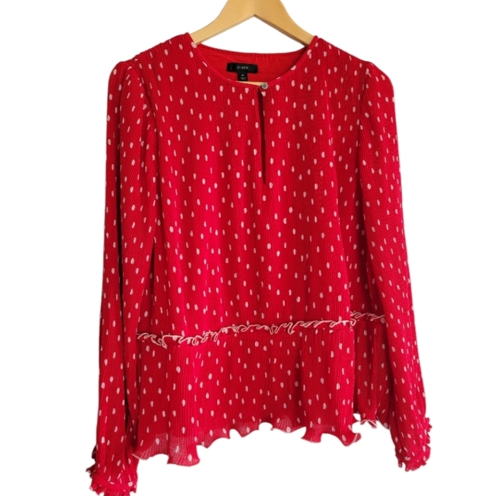J.Crew Red and White Polka Dot Pinch Pleat Flowing Blouse Size Medium